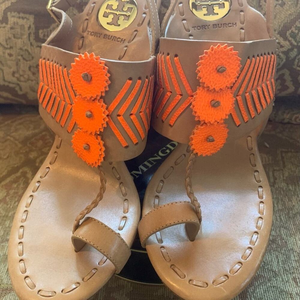 🪀TORY BURCH Caramel Tan Leather TONYA Heel SANDAL Orange Details SOLD OUT 8.5M